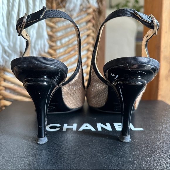 CHANEL Canvas & Python Leather Bow AUTHENTIC Slingback Pumps Black Beige Sz. 36 - Picture 7 of 16